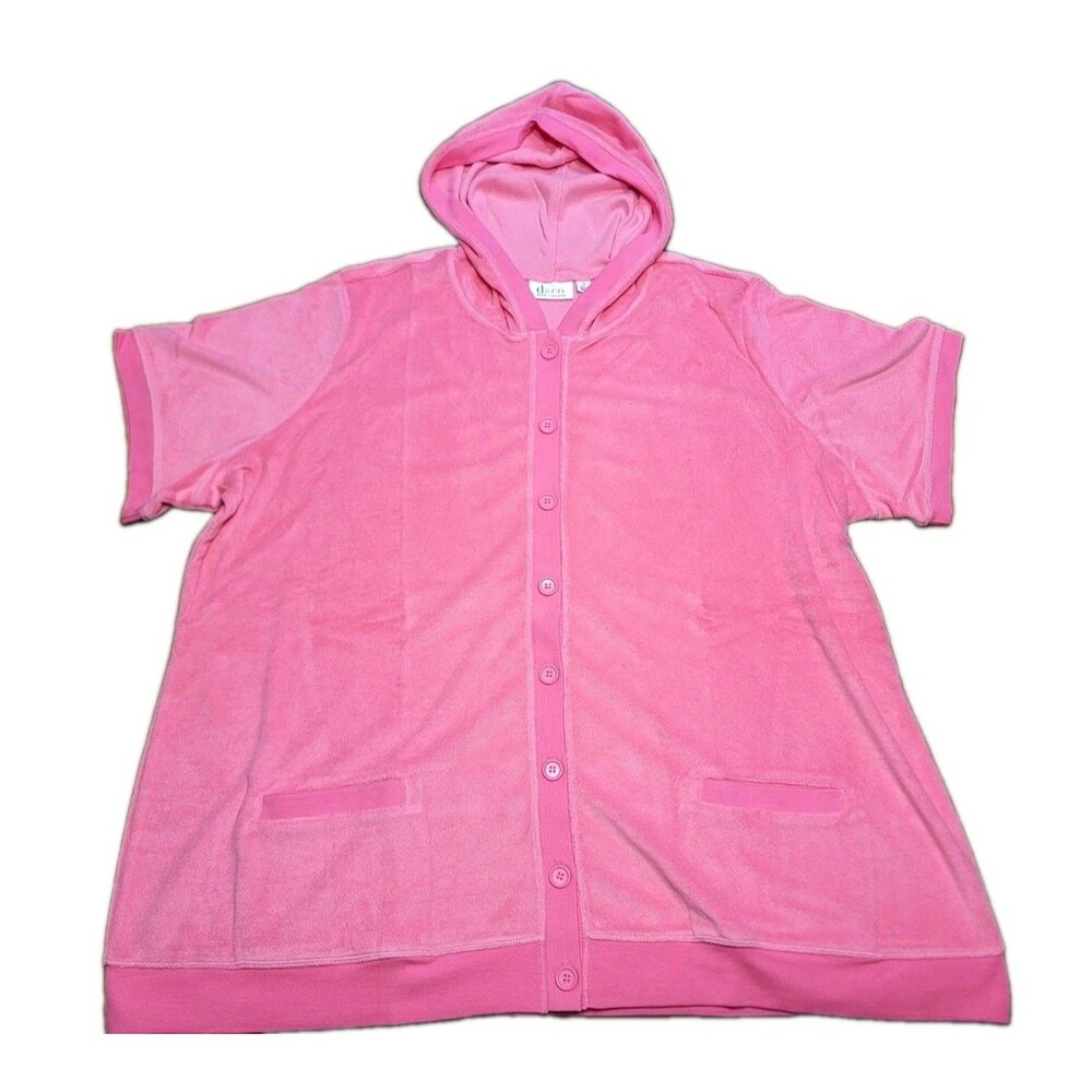 D & Co Womens Pink 3X Terry Cloth Top Short Sleeves Hoodie Denim & Company